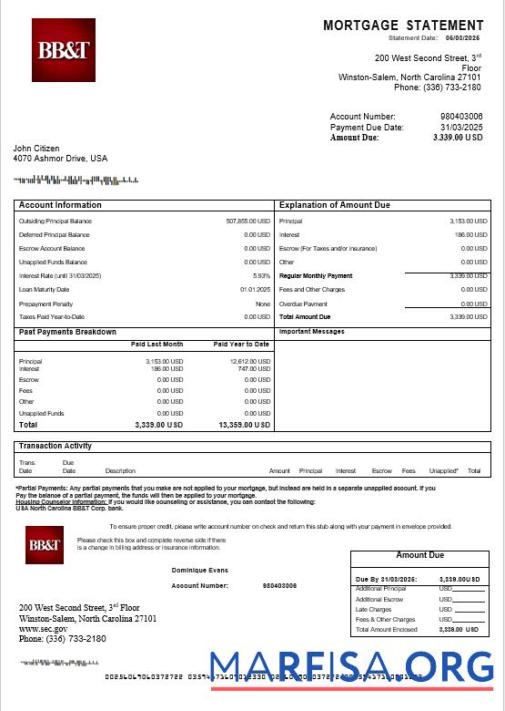 Printable USA North Carolina BB&T Corp. bank mortgage statement in Word and PDF formats example
